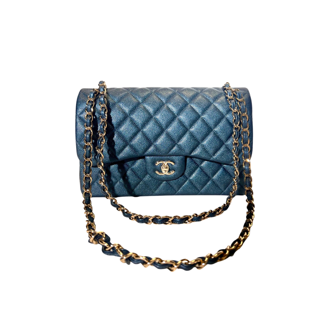 CHANEL 2018 METALLIC BLUE CAVIAR JUMBO CLASSIC FLAP BAG GHW