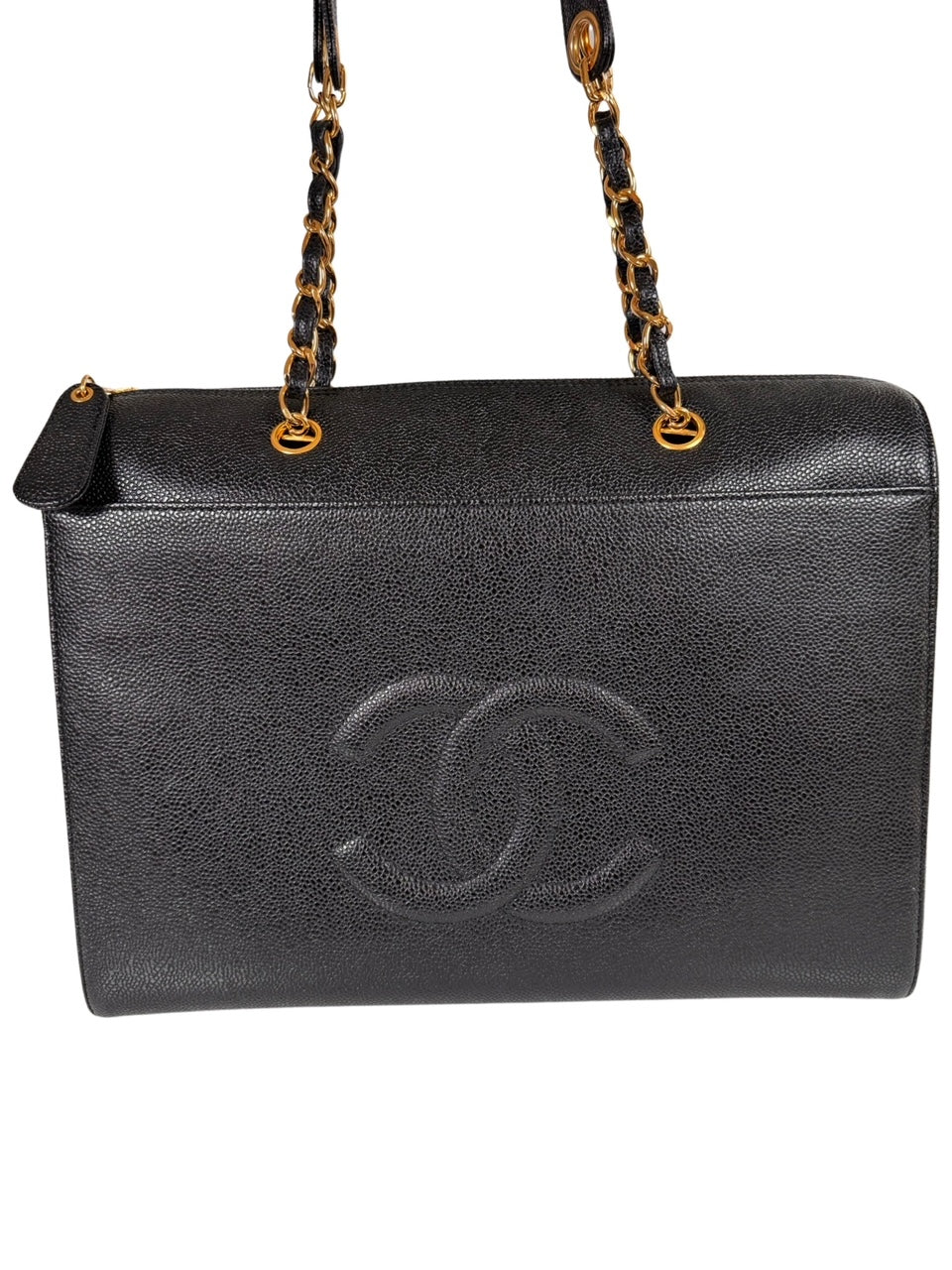 1998 Vintage Chanel Black CC Caviar Shopper Tote Bag 24 KT GHW