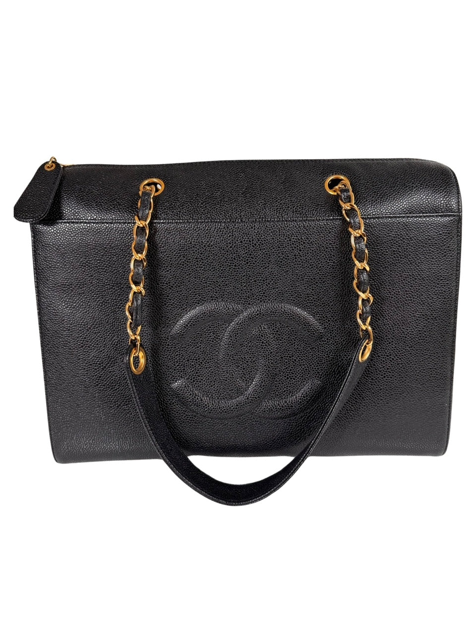 1998 Vintage Chanel Black CC Caviar Shopper Tote Bag 24 KT GHW