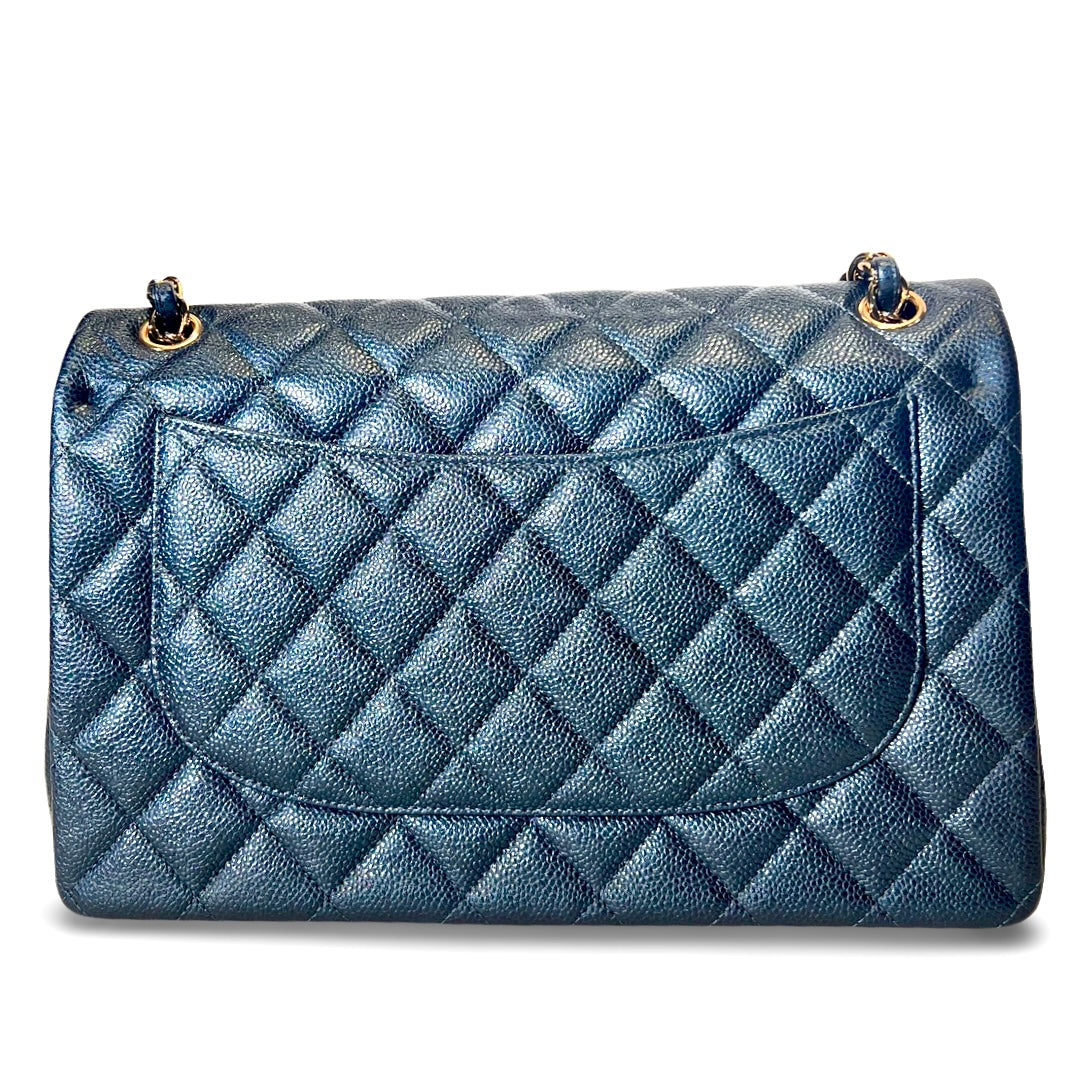 CHANEL 2018 METALLIC BLUE CAVIAR JUMBO CLASSIC FLAP BAG GHW