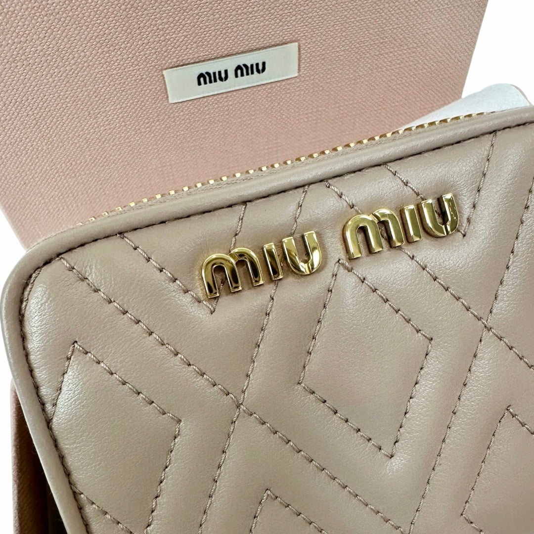 MIU MIU NUDE PINK MATELASSÉ NAPPA LEATHER ZIP AROUND WALLET